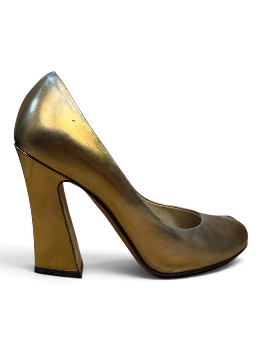 Yves Saint Laurent YSL Metallic Gold Leather Peep Toe Pumps EU 37 Block Heels